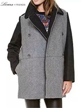 Lovers + Friends Two Tone Colorblock Wool Boyfriend Double Breasted Jacket Coat